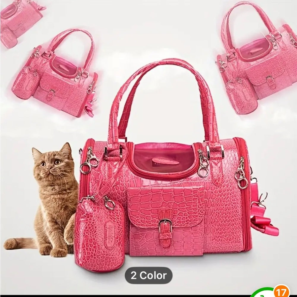 Dog Cat pet Carrier snakeskin pink vegan leather bag and pouch